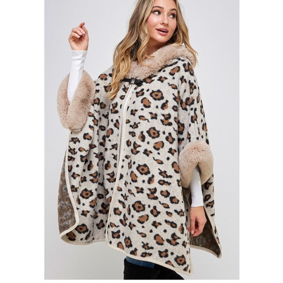 Animal Leopard Print Faux Fur Hooded Knit Poncho Cardigan Sweater Coat Jacket - Picture 2 of 7